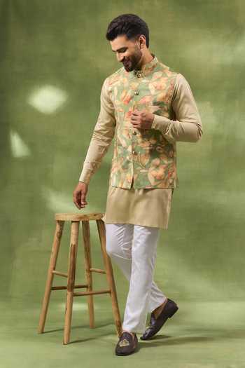 Buy_SPRING BREAK_Green Silk, Satin, Botanical Print Bundi And Kurta Set _at_Aza_Fashions