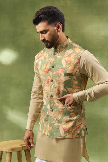 Buy_SPRING BREAK_Green Silk, Satin, Botanical Print Bundi And Kurta Set _Online_at_Aza_Fashions