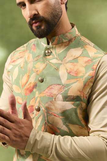 Shop_SPRING BREAK_Green Silk, Satin, Botanical Print Bundi And Kurta Set _Online_at_Aza_Fashions