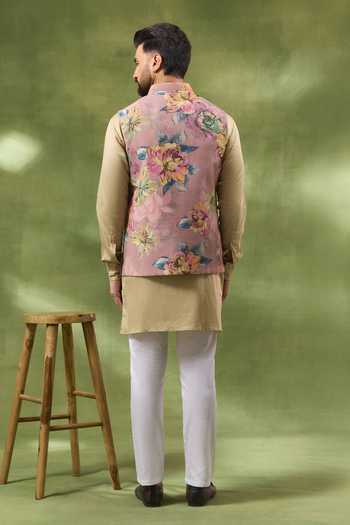 Shop_Spring Break_Pink Silk, Satin, Botanical Print Bundi And Kurta Set _at_Aza_Fashions
