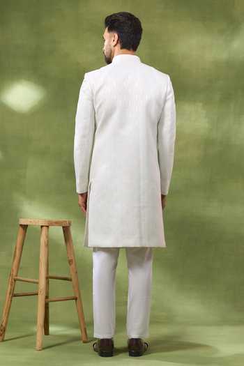 Shop_Spring Break_White Silk, , Satin Jacquard Woven Sherwani Set _at_Aza_Fashions