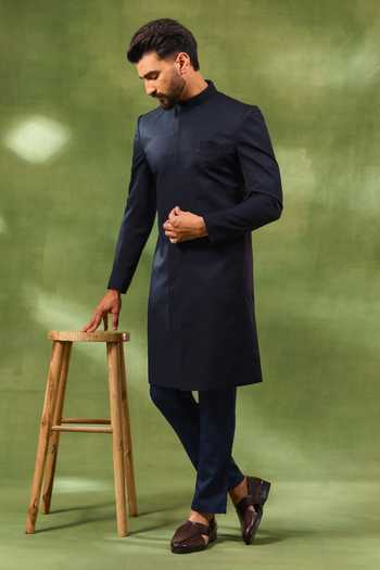 Buy_Spring Break_Blue Silk, , Satin Jacquard Woven Sherwani Set _at_Aza_Fashions