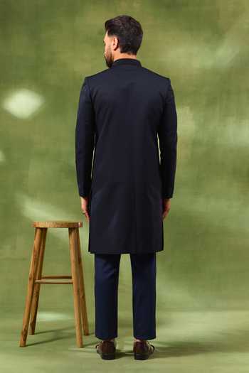Shop_Spring Break_Blue Silk, , Satin Jacquard Woven Sherwani Set _at_Aza_Fashions