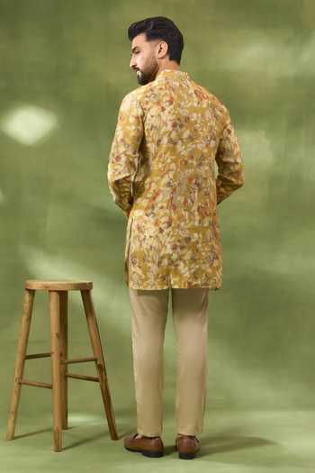 Shop_Spring Break_Beige Cotton Satin, Silk Floral Print Bundi And Kurta Set _at_Aza_Fashions