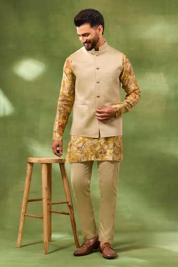 Buy_Spring Break_Beige Cotton Satin, Silk Floral Print Bundi And Kurta Set _at_Aza_Fashions