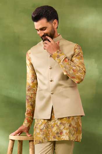 Buy_Spring Break_Beige Cotton Satin, Silk Floral Print Bundi And Kurta Set _Online_at_Aza_Fashions