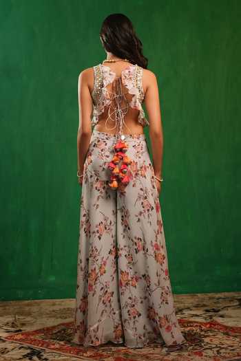 Shop_Ahi Clothing_Sky Blue Organza V-neck Floral Print Blouse And Sharara Set _at_Aza_Fashions