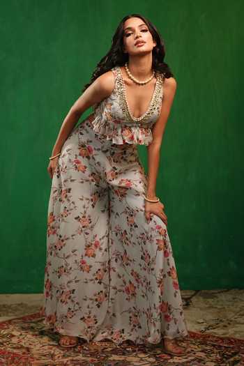 Shop_Ahi Clothing_Sky Blue Organza V-neck Floral Print Blouse And Sharara Set _Online_at_Aza_Fashions