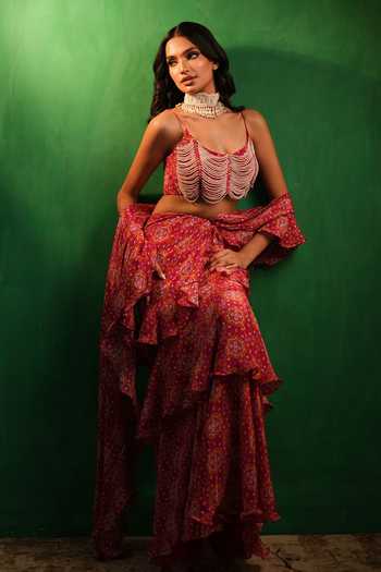 Ahi Clothing_Fuchsia Crepe Scoop Neck Mandla Print Ruffle Pre-draped Saree With Blouse _Online_at_Aza_Fashions