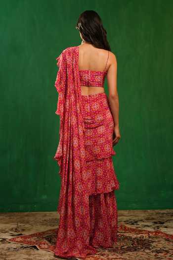 Shop_Ahi Clothing_Fuchsia Crepe Scoop Neck Mandla Print Ruffle Pre-draped Saree With Blouse _at_Aza_Fashions