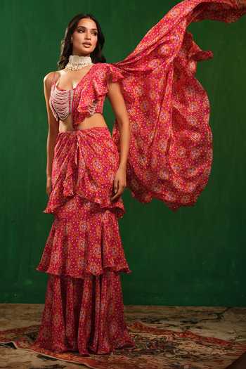 Shop_Ahi Clothing_Fuchsia Crepe Scoop Neck Mandla Print Ruffle Pre-draped Saree With Blouse _Online_at_Aza_Fashions