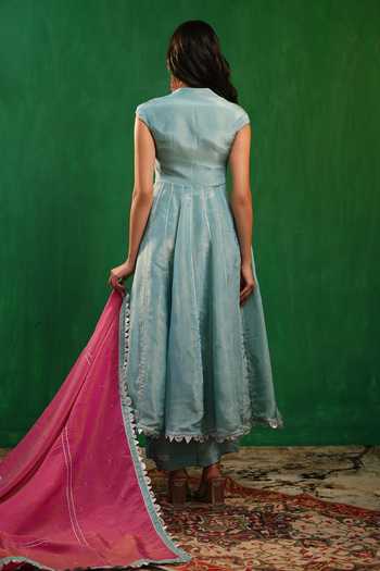 Shop_Ahi Clothing_Blue Silk, Tissue Square Neck Embroidered Anarkali Palazzo Set _at_Aza_Fashions