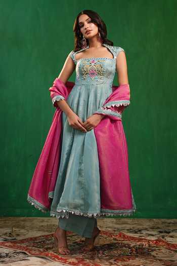 Buy_Ahi Clothing_Blue Silk, Tissue Square Neck Embroidered Anarkali Palazzo Set _at_Aza_Fashions
