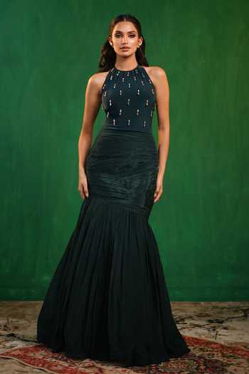 Buy_Ahi Clothing_Green Crepe, Lycra Stones, Crystals Halter Bodysuit And Draped Mermaid Skirt Set _at_Aza_Fashions