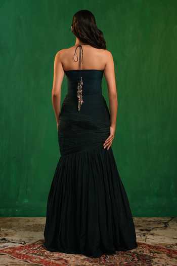 Shop_Ahi Clothing_Green Crepe, Lycra Stones, Crystals Halter Bodysuit And Draped Mermaid Skirt Set _at_Aza_Fashions