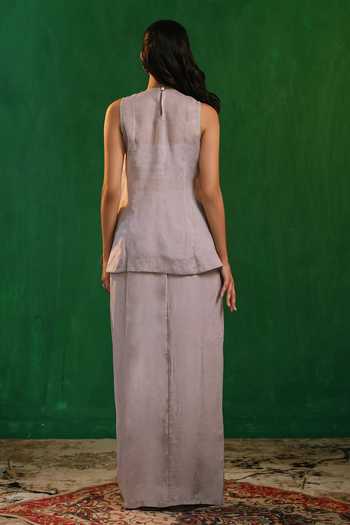 Shop_Ahi Clothing_Green Organza, Crepe Round Neck, Yes Tropical Embroidered Kurta And Skirt Set _at_Aza_Fashions