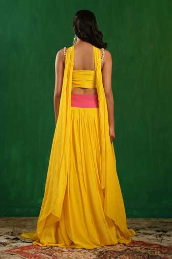 Shop_Ahi Clothing_Pink Crepe Sweetheart Neck Colorblock Embroidered Lehenga Set _at_Aza_Fashions