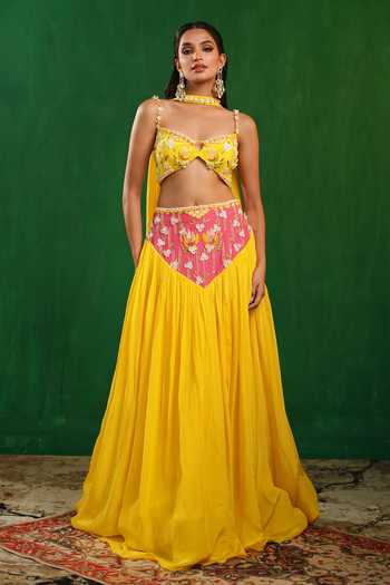Buy_Ahi Clothing_Pink Crepe Sweetheart Neck Colorblock Embroidered Lehenga Set _at_Aza_Fashions