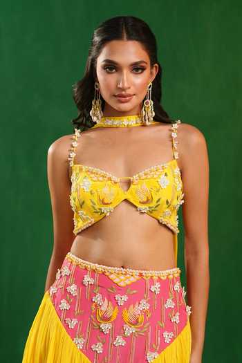 Ahi Clothing_Pink Crepe Sweetheart Neck Colorblock Embroidered Lehenga Set _at_Aza_Fashions