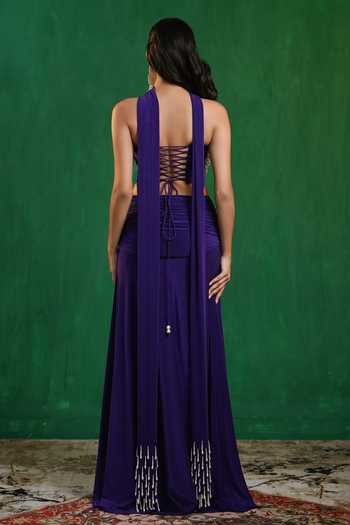 Shop_Ahi Clothing_Purple Lycra Pearls, Fringe Sweetheart Neck Draped Corset Skirt Set _at_Aza_Fashions
