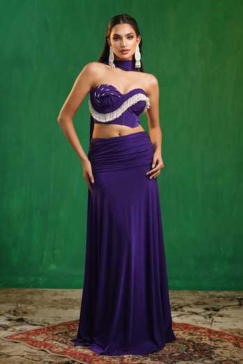 Buy_Ahi Clothing_Purple Lycra Pearls, Fringe Sweetheart Neck Draped Corset Skirt Set _at_Aza_Fashions