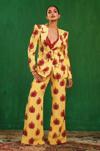 Buy_Ahi Clothing_Red Crepe V-neck Pomegranate Print Pant Set _at_Aza_Fashions