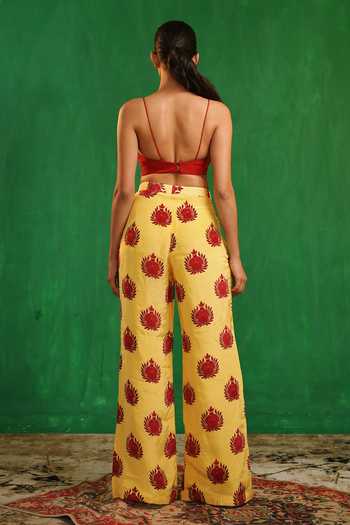 Shop_Ahi Clothing_Red Crepe V-neck Pomegranate Print Pant Set _at_Aza_Fashions