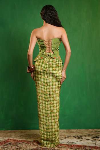 Shop_Ahi Clothing_Green Crepe Embroidery, Pearls Avocado Print Corset And Draped Skirt Set _at_Aza_Fashions