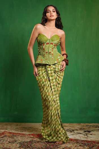 Buy_Ahi Clothing_Green Crepe Embroidery, Pearls Avocado Print Corset And Draped Skirt Set _at_Aza_Fashions