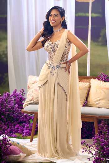Buy_Aariyana Couture_Ivory Lycra, Net Sequins, Beads Sweetheart Neck Pre-draped Saree With Corset _Online_at_Aza_Fashions