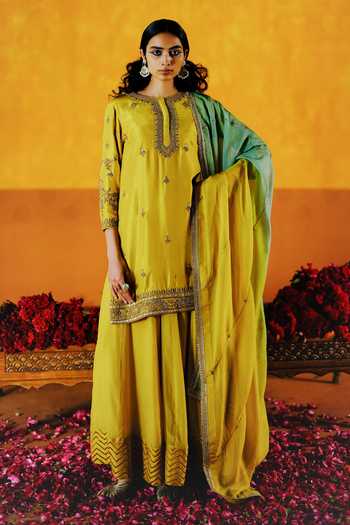 Buy_Alam By Tulsi Patel_Yellow Silk Embroidery Round Neck, Yes Hingot Kurta Sharara Set _at_Aza_Fashions