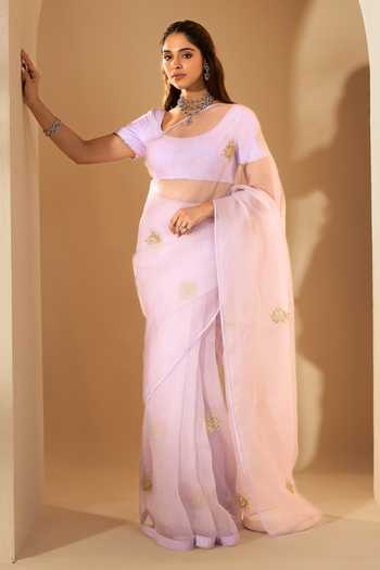 Buy_Roohbyridhimaa_Lilac Silk Organza Zari Round Neck Chaandni Saree Set _at_Aza_Fashions