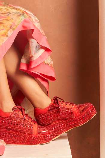 Buy_Tiesta_Red Crimson Beaded Platform Sneakers _at_Aza_Fashions