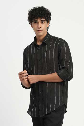 Abraham And Thakore_Black Linen Embroidery Aari Stripe Shirt _at_Aza_Fashions