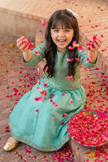 Buy_Petite Pomme_Blue Silk, Taffeta, Brocade Floral Woven Top And Lehenga Set _at_Aza_Fashions