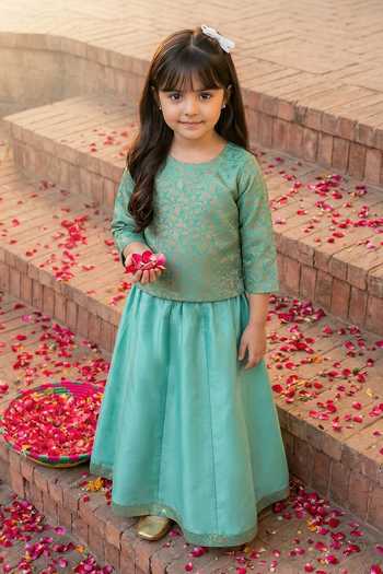 Buy_Petite Pomme_Blue Silk, Taffeta, Brocade Floral Woven Top And Lehenga Set _Online_at_Aza_Fashions