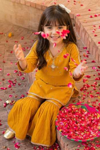 Buy_Petite Pomme_Yellow Silk Embroidery, Mirrors Kurta And Sharara Set _at_Aza_Fashions