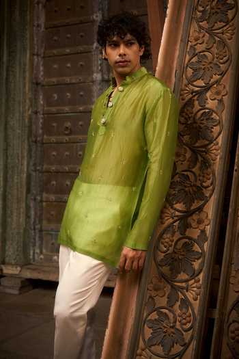Shop_Hirika & Dhruti_Green Silk, Organza Embroidery Sheer Kurta _Online_at_Aza_Fashions