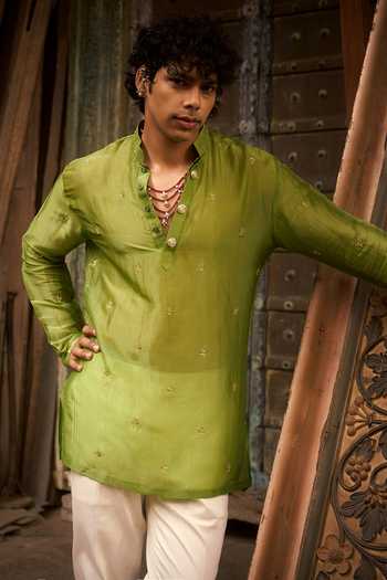 Shop_Hirika & Dhruti_Green Silk, Organza Embroidery Sheer Kurta _at_Aza_Fashions