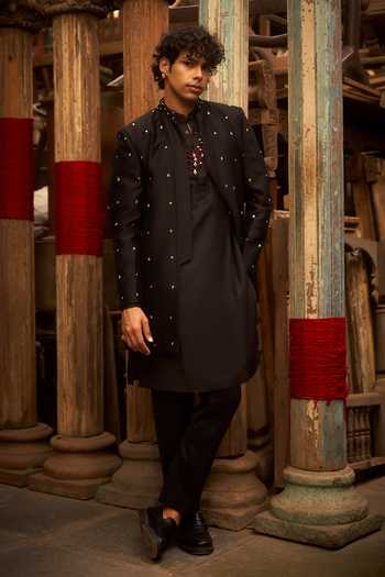 Buy_Hirika & Dhruti_Black Silk, Chanderi Embroidery Jacket And Kurta Set _at_Aza_Fashions