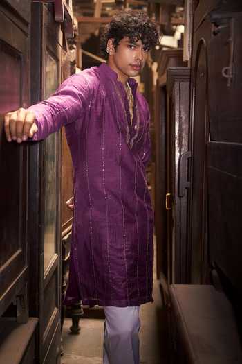 Shop_Hirika & Dhruti_Purple Chanderi Embroidery Tikki Lines Kurta Set _Online_at_Aza_Fashions