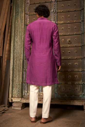Shop_Hirika & Dhruti_Purple Chanderi Embroidery Tikki Lines Kurta Set _at_Aza_Fashions