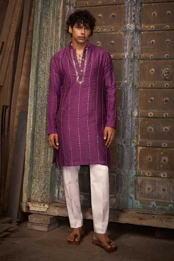 Buy_Hirika & Dhruti_Purple Chanderi Embroidery Tikki Lines Kurta Set _at_Aza_Fashions