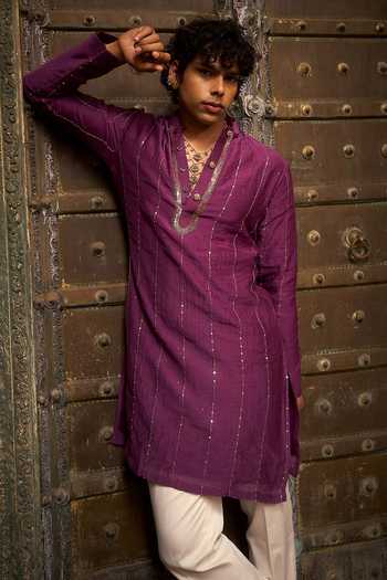 Buy_Hirika & Dhruti_Purple Chanderi Embroidery Tikki Lines Kurta Set 