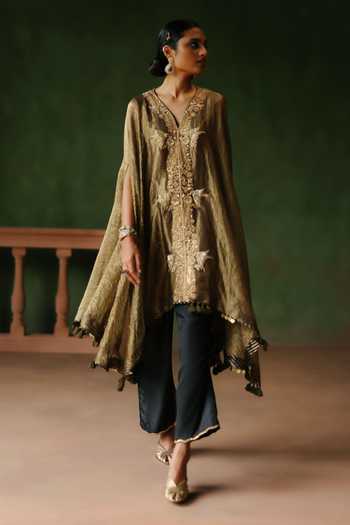 Buy_Alam By Tulsi Patel_Black Silk, Cotton, Tissue Embroidery V-neck Raina Cape And Pant Set _at_Aza_Fashions