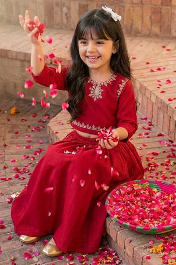 Shop_Petite Pomme_Red Silk Embroidery, Mirrors Placement Top And Skirt Set _at_Aza_Fashions