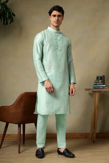 Buy_Pomcha Jaipur_Turquoise Silk, Cotton Chaap Plain Kurta Set _at_Aza_Fashions