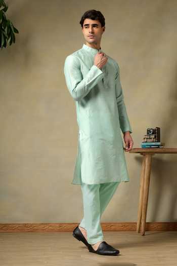 Shop_Pomcha Jaipur_Turquoise Silk, Cotton Chaap Plain Kurta Set _Online_at_Aza_Fashions