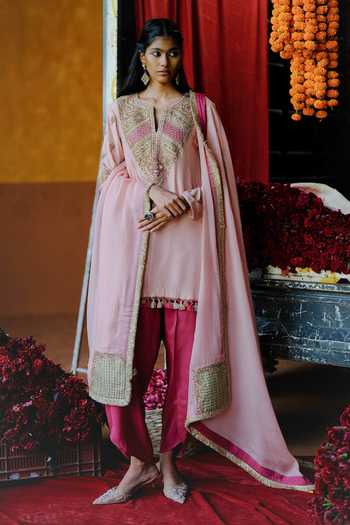 Buy_Alam By Tulsi Patel_Pink Silk Embroidery, Tassels Keyhole Neck Amaltas Yoke Kurta Dhoti Pant Set _at_Aza_Fashions