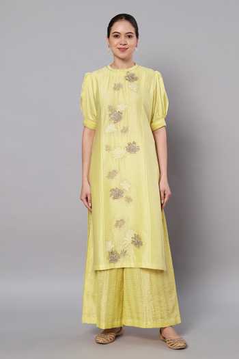 Buy_Doux Amour_Yellow Chanderi, Cotton, Tissue Aurora 3d Floral Kurta And Palazzo Set _at_Aza_Fashions